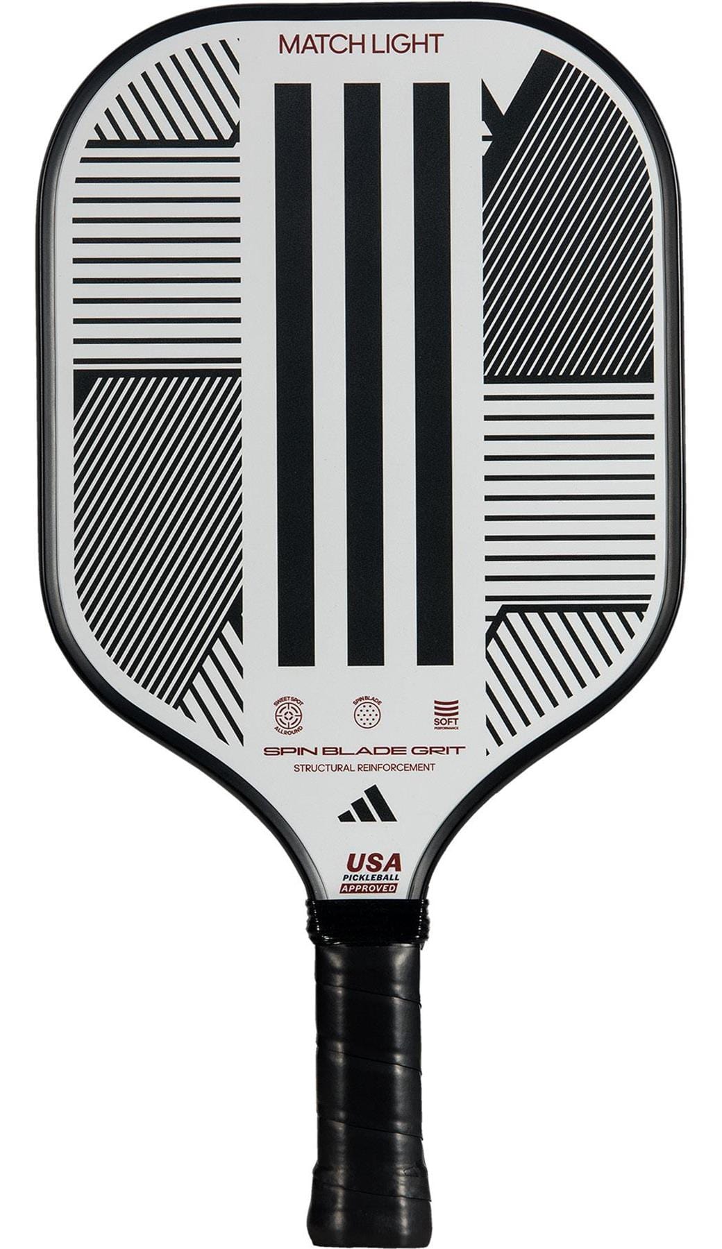 The adidas Match Light 3.3 Pickleball Paddle - White features a black handle, white face with bold black geometric lines, "MATCH LIGHT" at the top, and "USA PICKLEBALL APPROVED" at the bottom—ideal for beginner-level players.