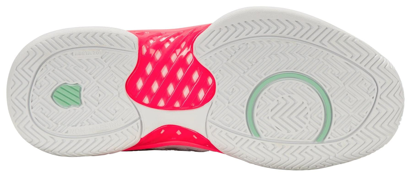 The K-Swiss Hypercourt Express 2 Womens Tennis Shoes in White/Pastel Pink/Black feature a white sole with pink and green details, textured grip patterns, a circular heel design, and offer advanced cushioning and stability for tennis play.