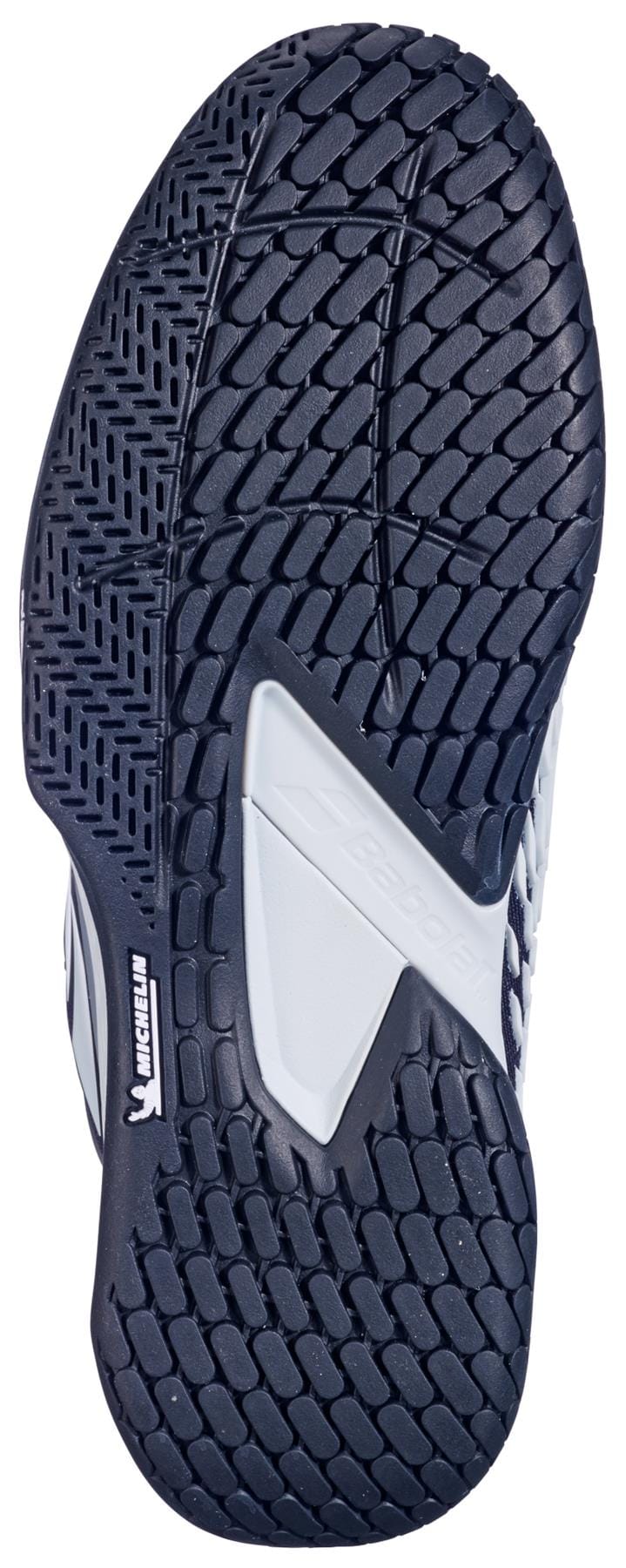 The Babolat Propulse Fury 3 All Court Men's Tennis Shoes in Black/Illusion Blue feature a black, textured sole with zigzag and diamond tread, a white center section, and the Michelin logo for reliable grip on any court.