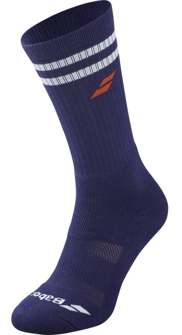 The Babolat Team Single Tennis Sock in Illusion Blue features two white stripes near the top, an orange side logo, plus the Babolat name and logo on the toe—delivering breathable comfort and style for active tennis players.