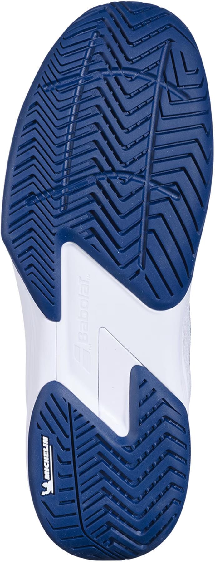 Close-up of the Babolat SFX 4 All Court Men's Tennis Shoe sole in White/Estate Blue, showcasing a herringbone tread for comfort and grip, with visible Michelin and Babolat logos.