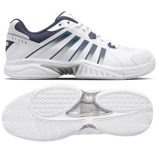 Presenting the K-Swiss Receiver V Men's Tennis Shoes in White, Peacoat, and Silver. These tennis shoes showcase a striped side design and are displayed from the side and sole view. Engineered for performance, they boast a thick, patterned sole that enhances traction and cushioning support.