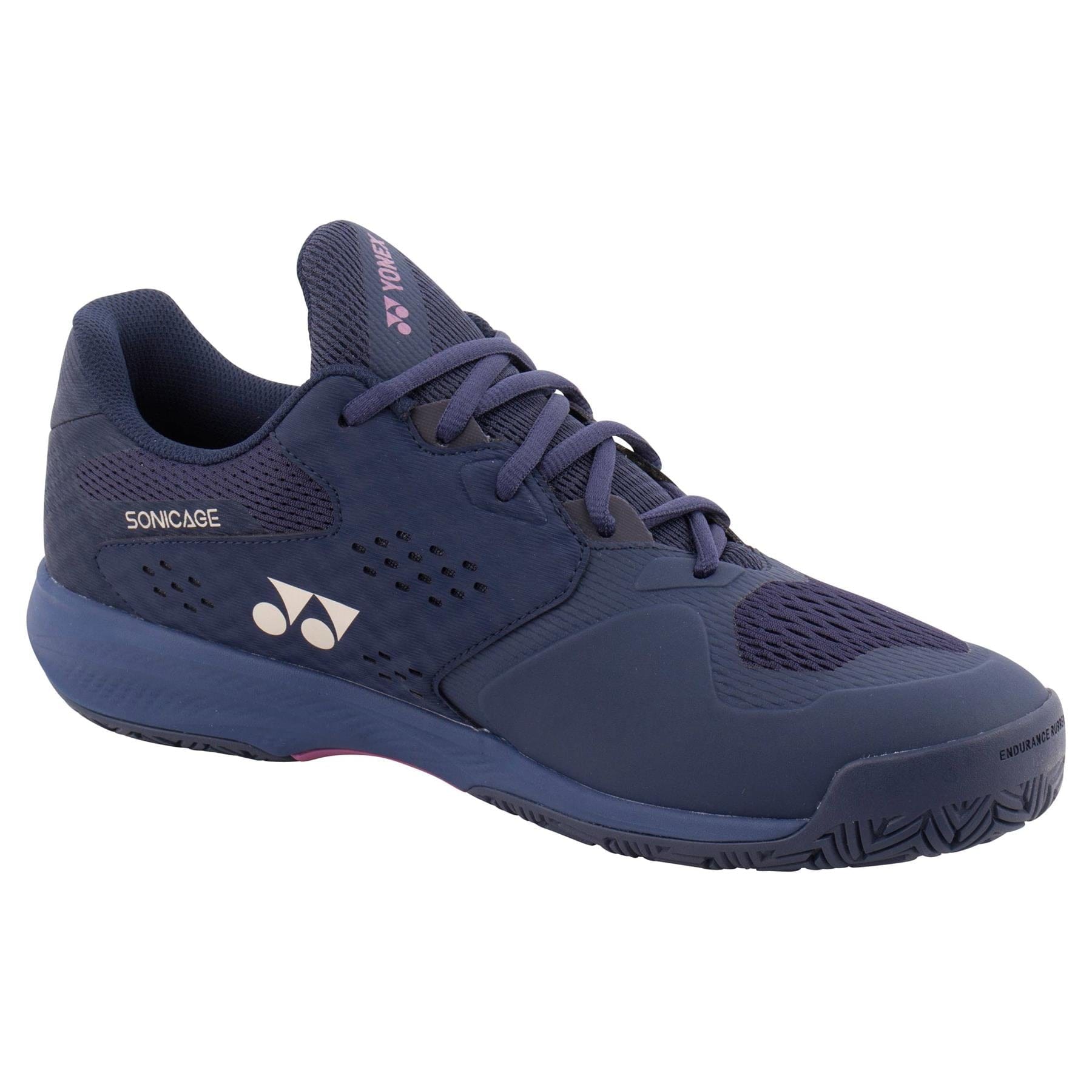 The Yonex Power Cushion Sonicage Wide Tennis Shoes in Dark Navy offer a lightweight, wide fit design with mesh and synthetic materials, the Yonex logo on the side, and a textured sole for grip—perfect for tennis players seeking comfort.