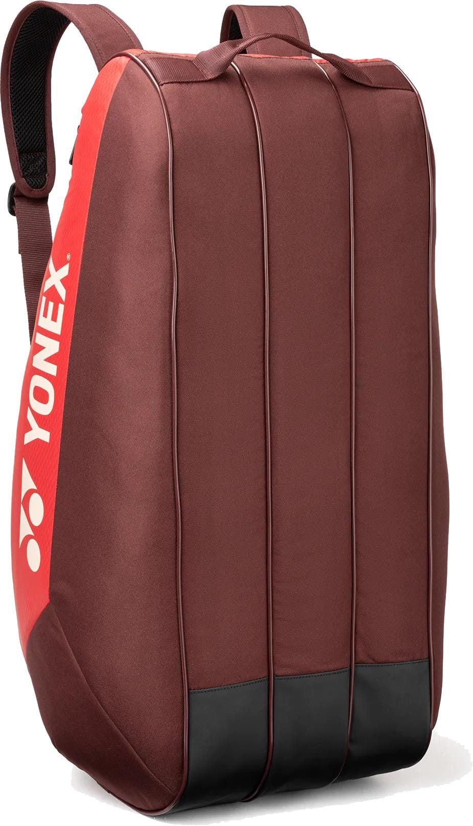 The Yonex 42529EX Team 9 Racket Tennis Bag in Ruby Red features a black bottom, three vertical padded front sections, and the Yonex logo printed in white on the side.