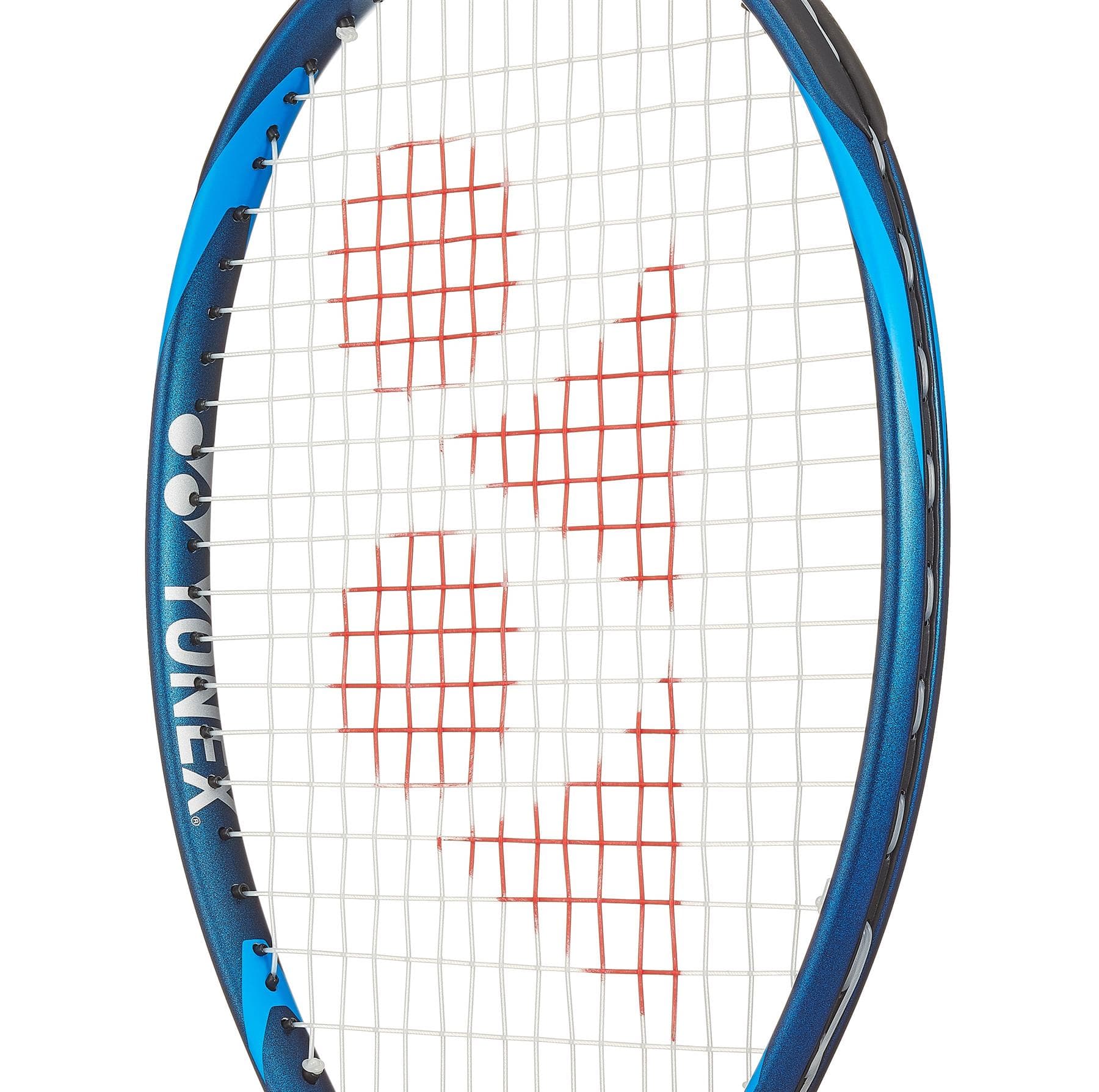 The Yonex Smash Team Tennis Racket in Deep Blue features a white string pattern adorned with red circles and triangles. Its user-friendly design, captured in a close-up, angled view, is enhanced by ISOMETRIC™ technology for improved gameplay.