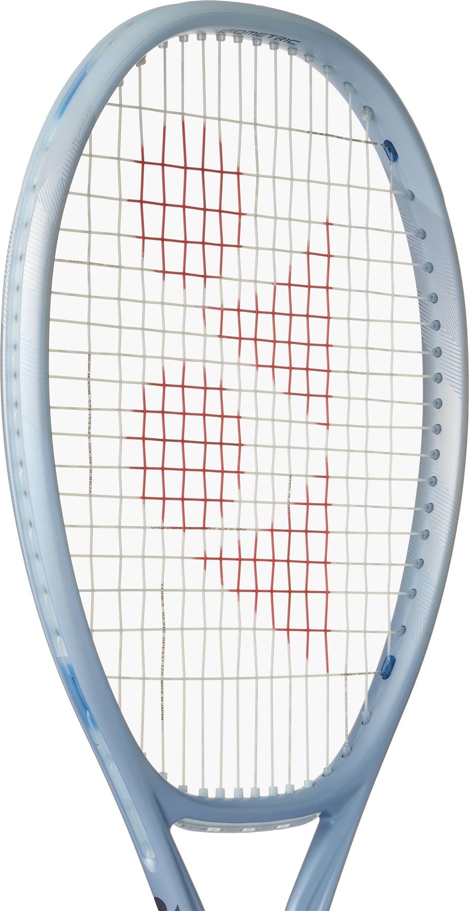 A close-up of the Yonex Muse 100L Tennis Racket head in light blue, with white strings and a red pattern—this Yonex racket offers exceptional forgiveness and comfort on court.