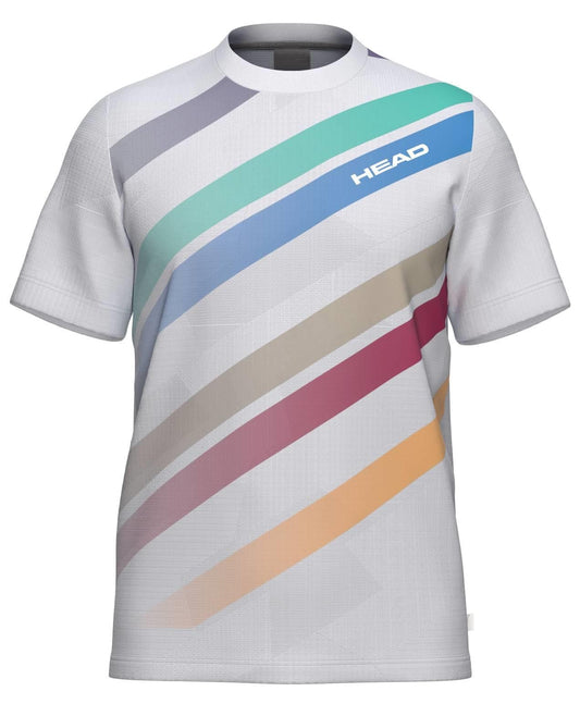 The HEAD Pro Men's Tennis T-Shirt - WHXP is a white shirt with diagonal purple, green, blue, beige, red, and orange stripes. "HEAD" appears in white on the blue stripe by the right shoulder—ideal for stylish tennis performance.