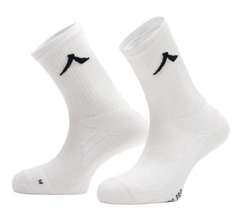 The Kanso Neo Pro Performance Crew Tennis Socks in white feature a black logo near the top and are displayed standing. With ribbed cuffs, reinforced heel and toe, added cushioning for comfort, and optimal ventilation, these socks are set against a plain white background.