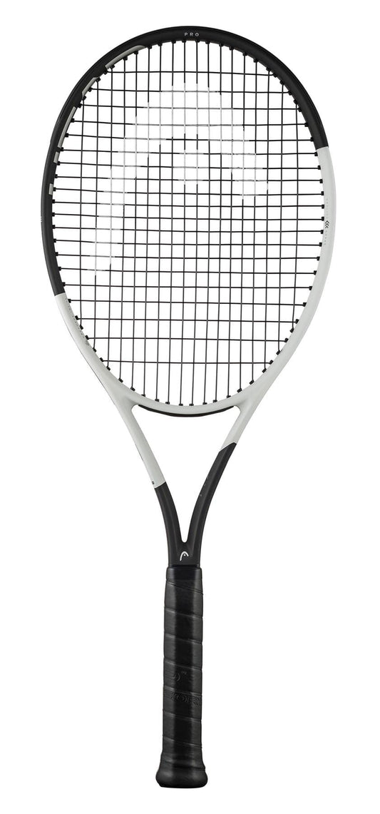 The HEAD Speed Pro 2024 Tennis Racket - White / Black (Frame Only) offers a sophisticated black and white design, incorporating Auxetic 2.0 technology. It features Graphene Inside with a contrasting black grip and strings against a white backdrop, while the frame skillfully blends the two colors in a balanced pattern.