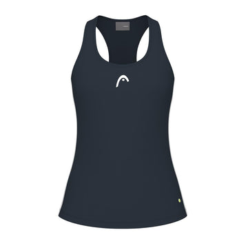 The HEAD Spirit Women's Tennis Tank Top in navy is a sleeveless athletic garment with a racerback design, incorporating MXM technology for enhanced performance. It also features a small white logo on the upper chest area.