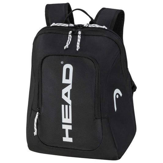 The HEAD Kids Tour Tennis Backpack - Black / White by HEAD prominently features the "HEAD" logo in white on the front of its black design. This backpack offers several compartments with zippered closures, along with padded shoulder straps and a dedicated sportswear section, making it perfect for young athletes who need a sporty and practical backpack.