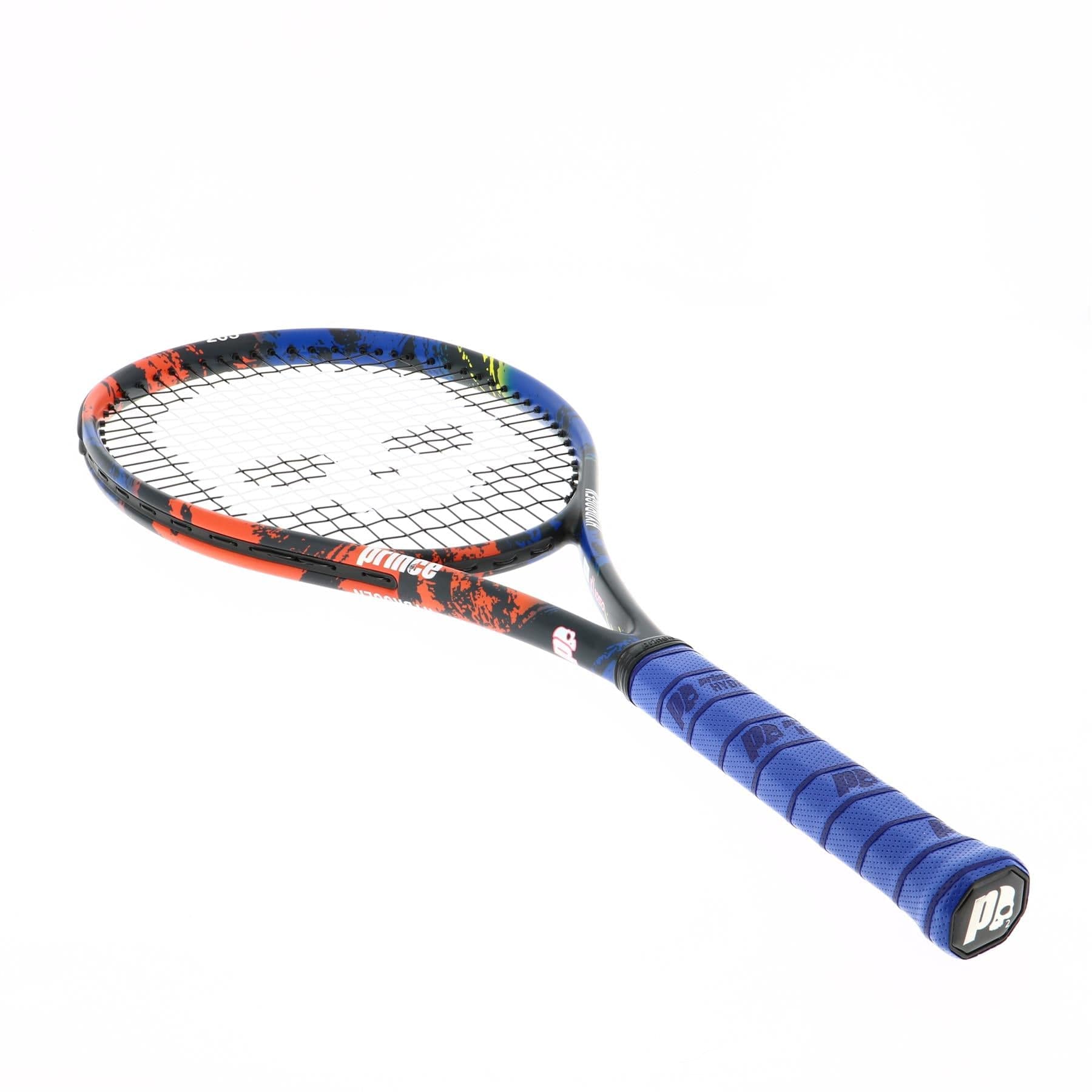 The Prince Beast Hydrogen Random 265g Tennis Racket, showcasing Textreme X Technology, displays a blue grip and a striking frame in shades of red, black, and blue. It is angled on a white background with strings forming the iconic Prince logo design.
