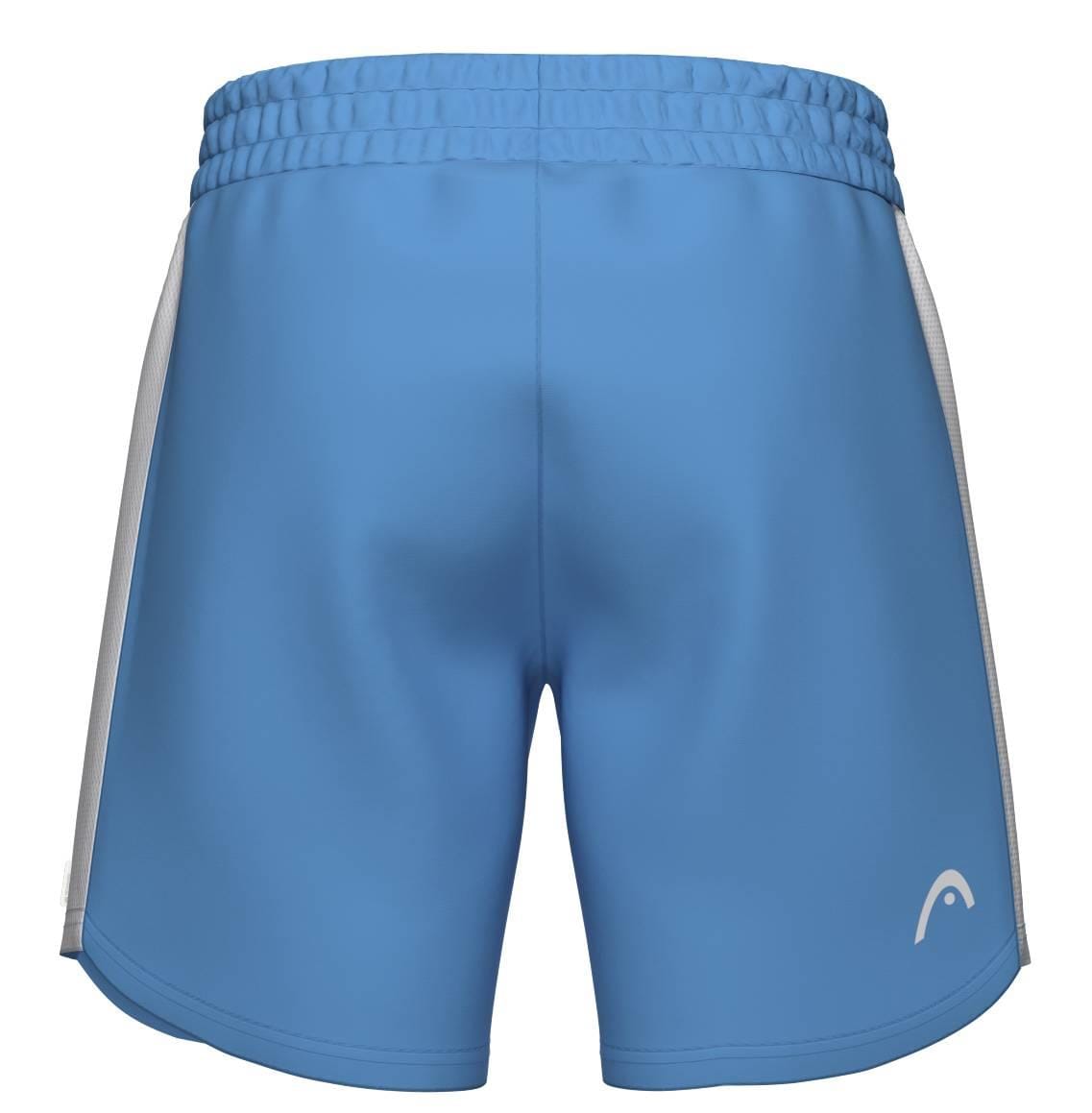 Back view of HEAD Power Mens Tennis Shorts in Airforce Blue/White, featuring white side panels, elastic waistband, and small white HEAD logo—designed for breathability and top athletic performance.