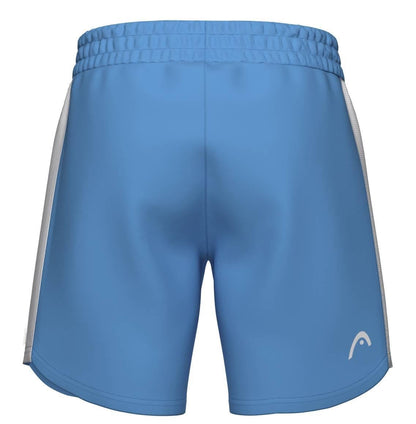 Back view of HEAD Power Mens Tennis Shorts in Airforce Blue/White, featuring white side panels, elastic waistband, and small white HEAD logo—designed for breathability and top athletic performance.