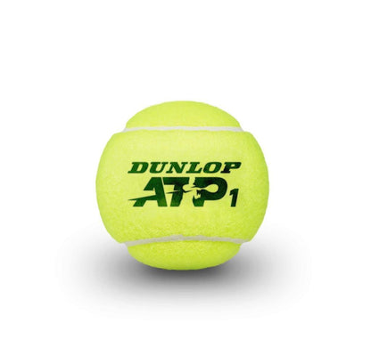A vivid yellow tennis ball showcasing the "Dunlop ATP" logo in black, produced with HD Pro Cloth to ensure premium quality. This ITF Approved ball is ideal for ATP World Tour matches and is displayed against a simple white background.