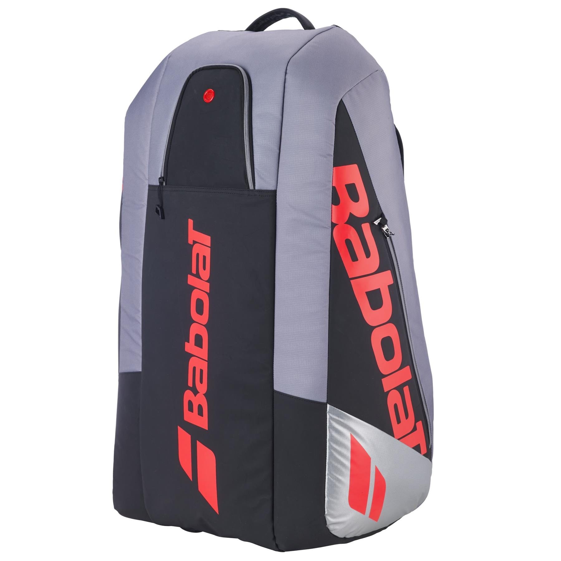 The Babolat RH9 Pure Strike 9 Racket Tennis Racket Bag in Carbon Grey features bold red branding, a top handle, multiple zippered compartments, and a water-repellent design—ideal for carrying your tennis gear in style.