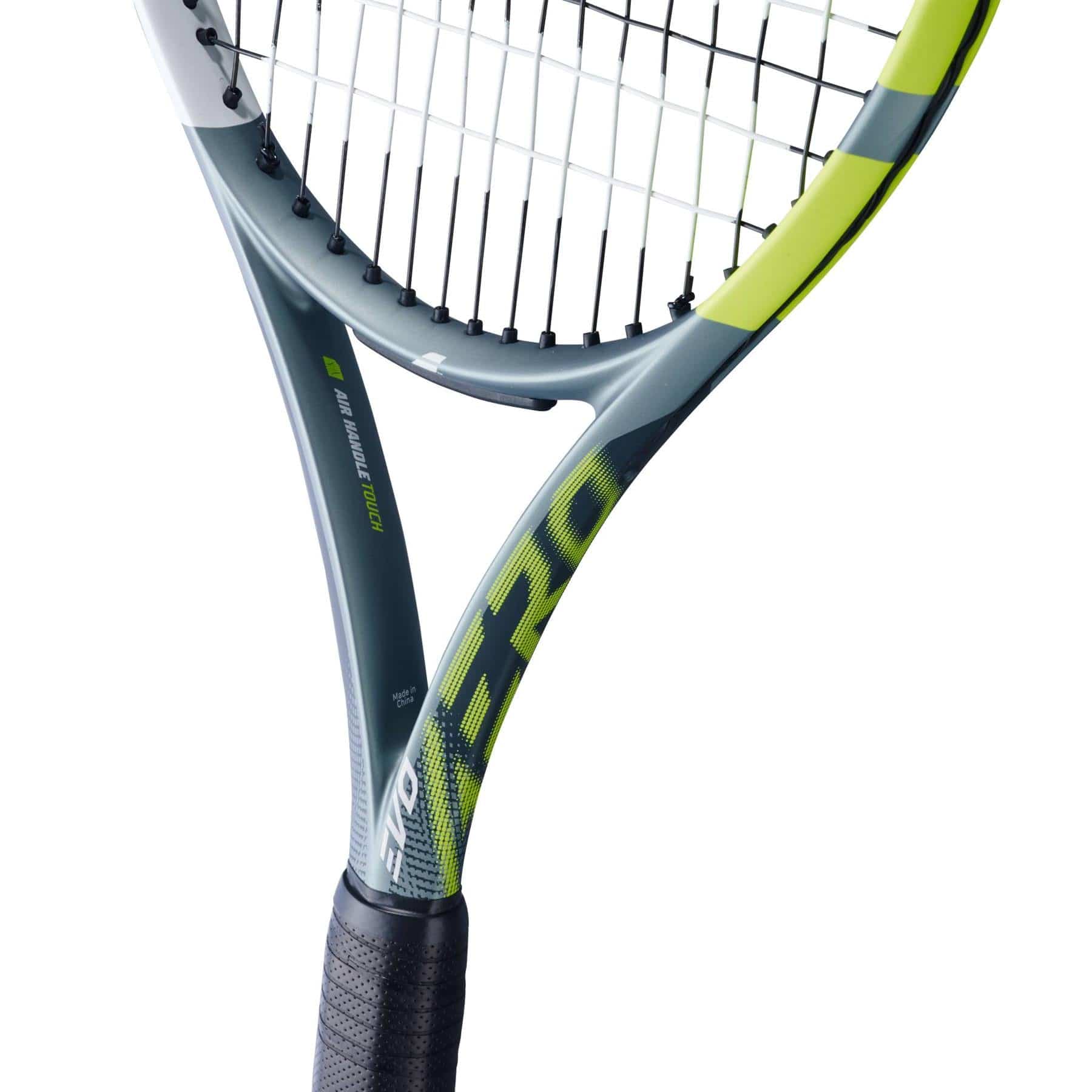 Close-up of the Babolat Evo Aero 2026 Tennis Racket featuring a black grip, grey and yellow frame, and white strings. Ideal for intermediate to advanced players with Babolat branding near the throat and handle.