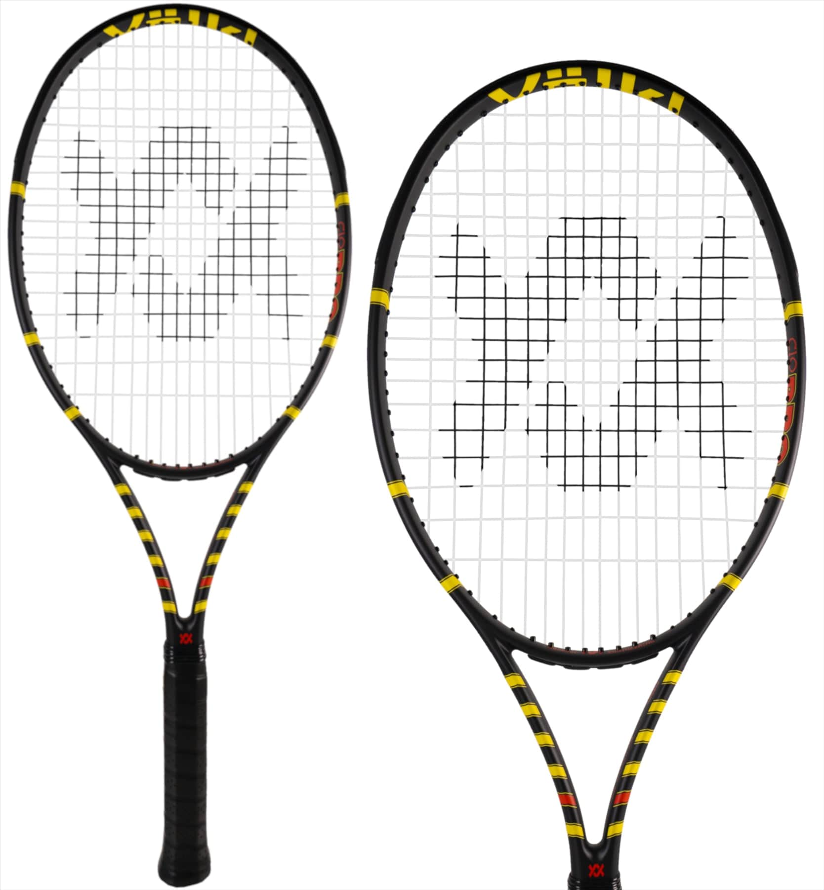 Two Volkl C10 Pro 2022 tennis rackets in black and yellow are showcased, emphasizing their unique string pattern against a simple white background. One racket is displayed completely, while the other focuses on the head to highlight the Volkl logo, known for its Precise Power Technology.