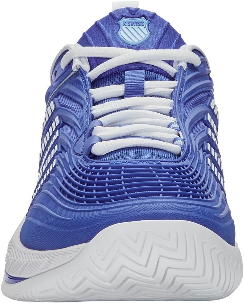 A front view of the K-Swiss Hypercourt Supreme 2 Mens Tennis Shoes in Dazzling Blue, White, and Baltic Sea shows a lightweight design with white laces, textured sides, a K-Swiss logo on the tongue, and a white sole with wavy tread.