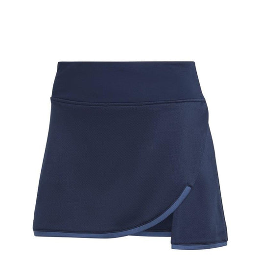 This women's tennis skirt from the adidas Club line, known as the "ADIDAS Womens Club Tennis Skirt - Navy," is designed in a navy blue color with a layered, wrap-style design and blue trim. It features a high waistband and is crafted from breathable AEROREADY performance fabric.