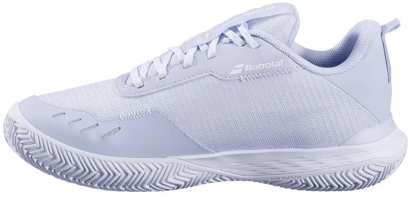 The Babolat SFX Evo Carpet Women's Tennis Shoes in Xenon Blue/White feature a wide fit, mesh upper, textured rubber sole, and lace-up closure for comfort and support.