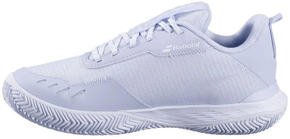The Babolat SFX Evo Carpet Women's Tennis Shoes in Xenon Blue/White feature a wide fit, mesh upper, textured rubber sole, and lace-up closure for comfort and support.