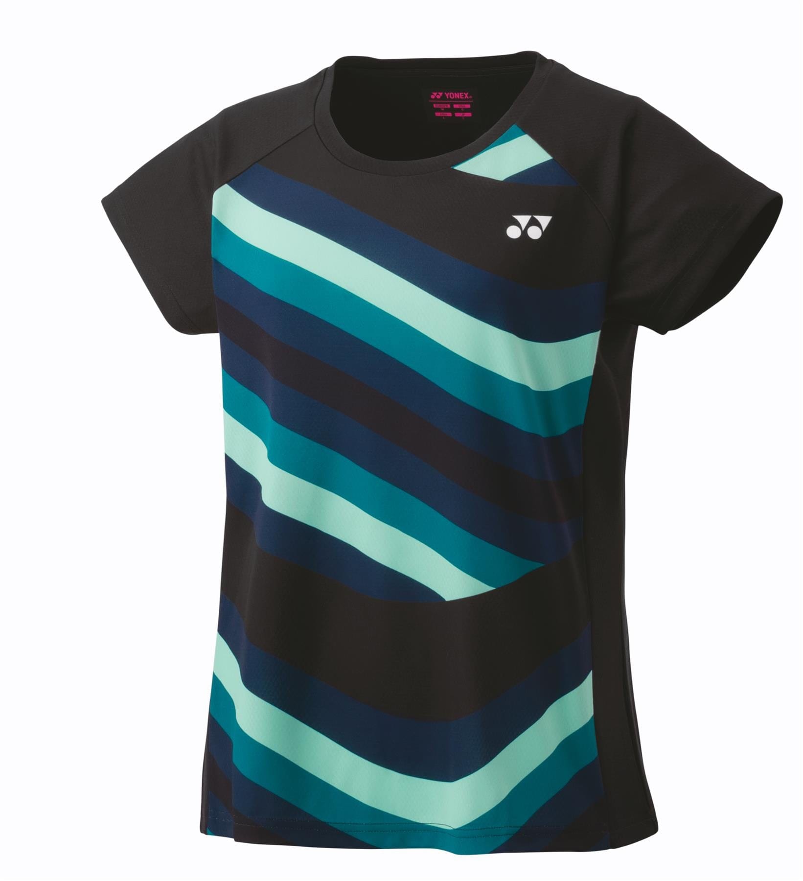 The Yonex 16694EX Women's Tennis T-Shirt in black boasts a quick-drying, short-sleeve design highlighted by diagonal stripes in teal, green, and blue. A small white Yonex logo adorns the upper left chest.