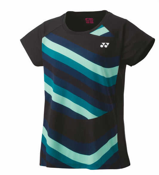 The Yonex 16694EX Women's Tennis T-Shirt in black boasts a quick-drying, short-sleeve design highlighted by diagonal stripes in teal, green, and blue. A small white Yonex logo adorns the upper left chest.