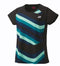 The Yonex 16694EX Women's Tennis T-Shirt in black boasts a quick-drying, short-sleeve design highlighted by diagonal stripes in teal, green, and blue. A small white Yonex logo adorns the upper left chest.