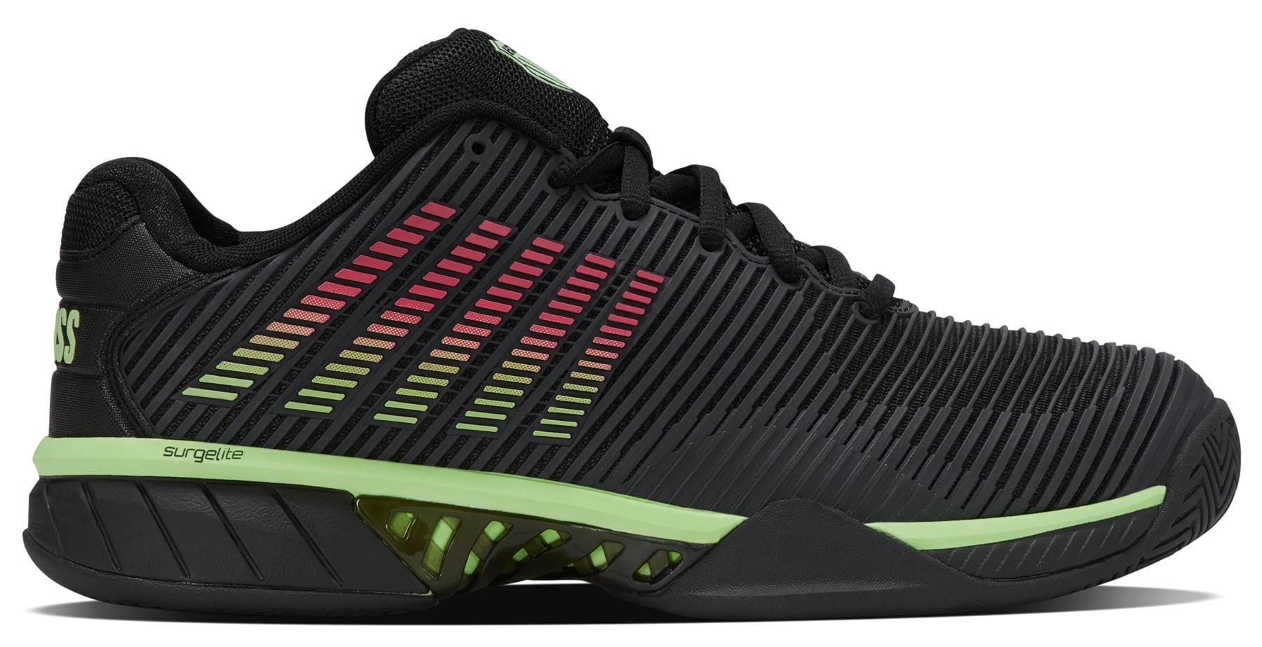 The K-Swiss Hypercourt Express 2 Men's Tennis Shoes in Black/Soft Neon Green/Neon Lava feature a thick, textured black sole, horizontal grooves, a green sole accent, and a green and red gradient stripe for stylish comfort on the court.