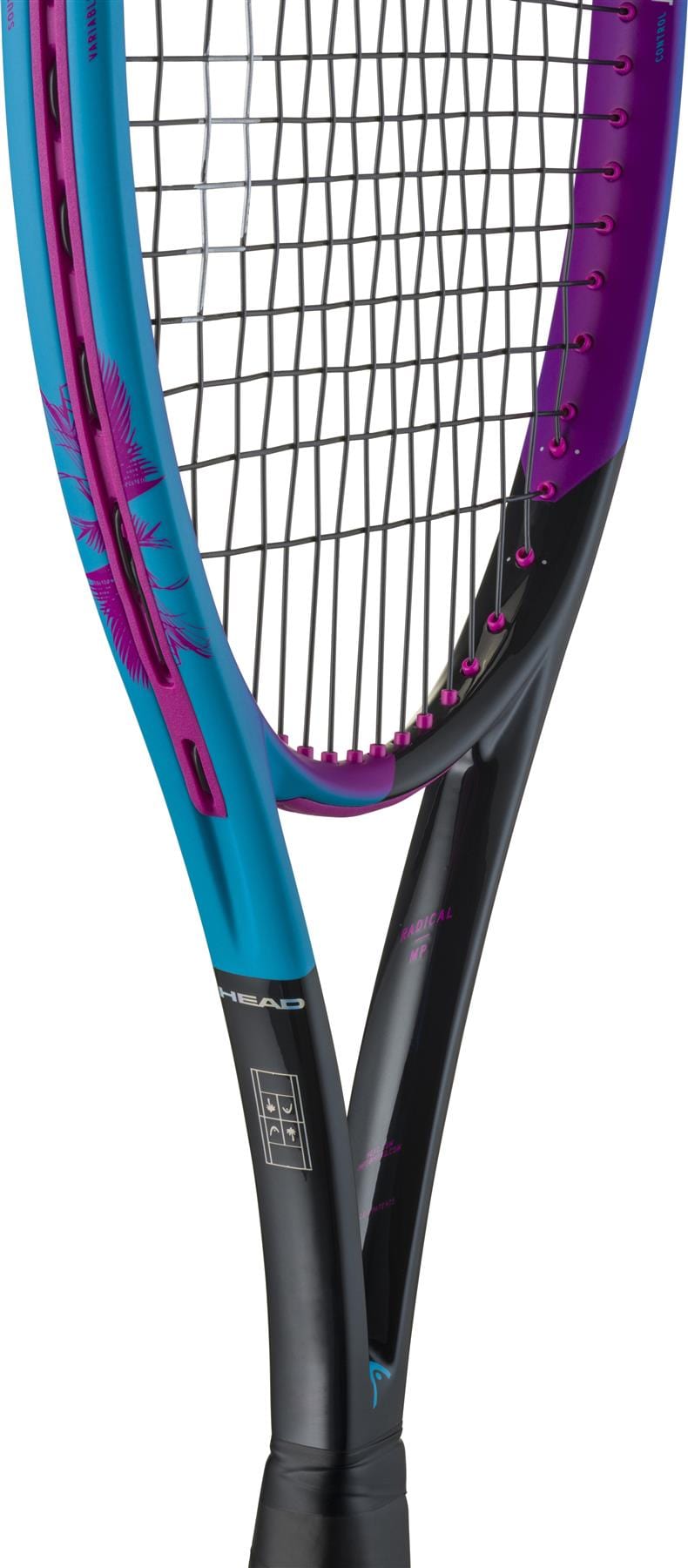 Close-up of the HEAD Radical MP Palm Tree Crew Tennis Racket by HEAD, featuring a black, pink, and blue frame, black handle, and strings with sunburst accents and branding details near the throat.