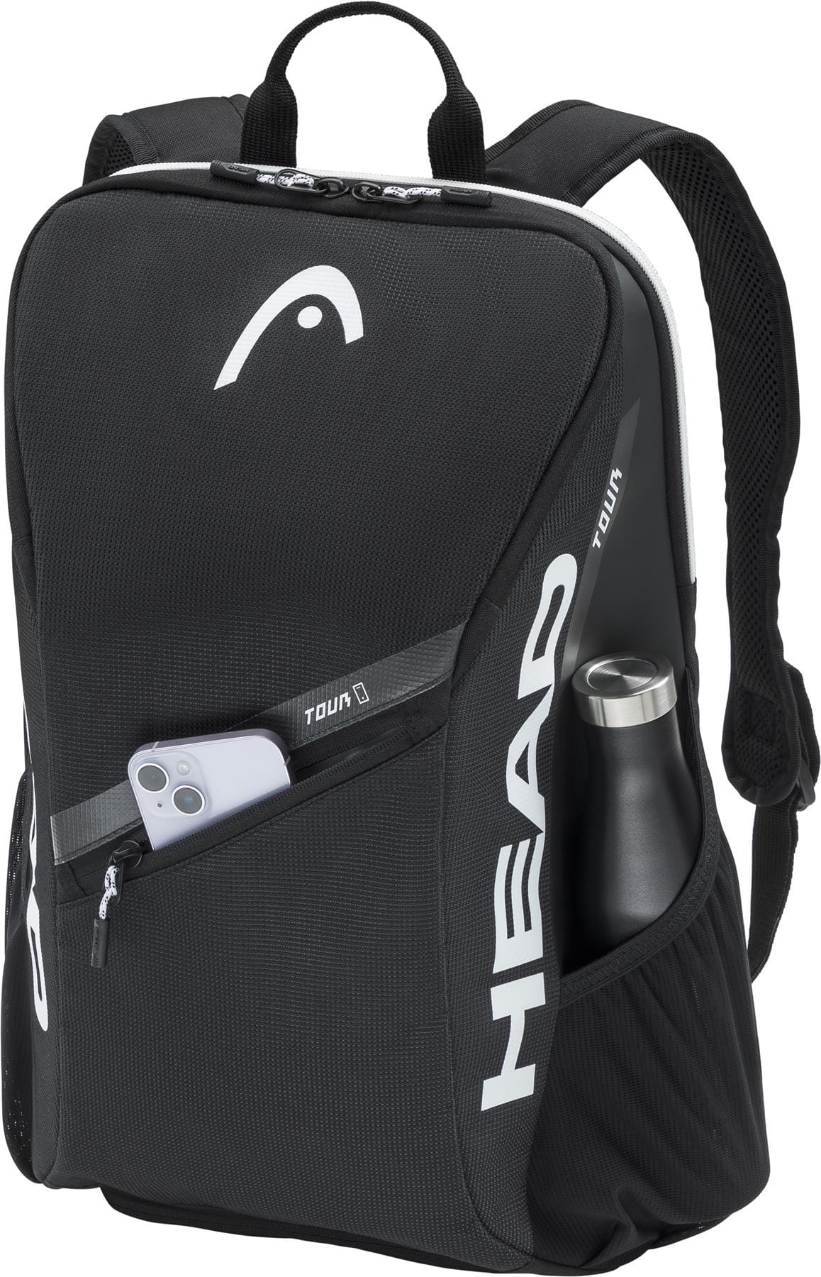 The HEAD Tour 25L Tennis Backpack - Black by HEAD features white accents, a zippered front pocket for your smartphone, mesh side pocket for a water bottle, top handle, padded shoulder straps, and fits a tennis racket.