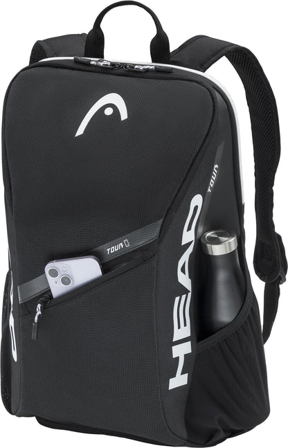 The HEAD Tour 25L Tennis Backpack - Black by HEAD features white accents, a zippered front pocket for your smartphone, mesh side pocket for a water bottle, top handle, padded shoulder straps, and fits a tennis racket.