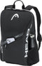 The HEAD Tour 25L Tennis Backpack - Black by HEAD features white accents, a zippered front pocket for your smartphone, mesh side pocket for a water bottle, top handle, padded shoulder straps, and fits a tennis racket.