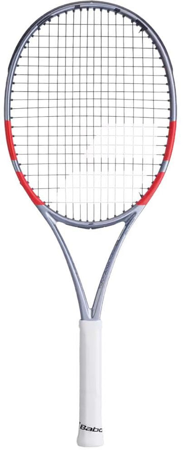 The Babolat Pure Strike Junior 26 Gen4 Tennis Racket by Babolat features a grey frame with red accents and a white grip, displayed against a plain white background—ideal control for junior players.