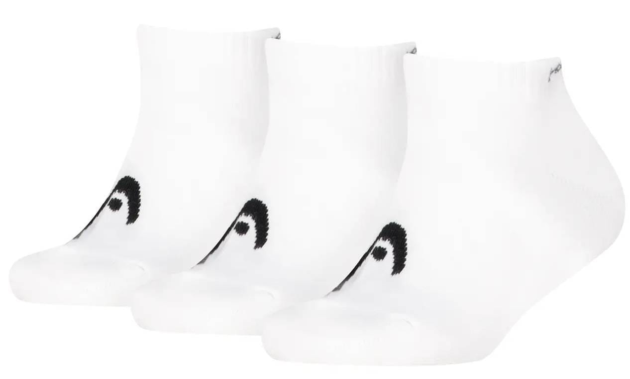 The HEAD All Sport Sneaker Tennis Socks - White (3 Pack) feature a small black HEAD logo, cushioned sole for comfort, and moisture-wicking fabric to keep feet dry. Displayed side by side against a white background.