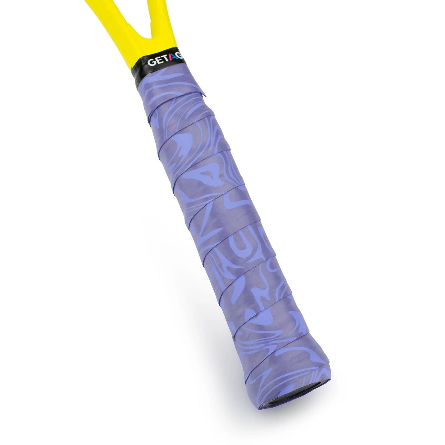 Close-up of a tennis racket handle wrapped in the Get A Grip Purple Haze Tennis Overgrip. This non-slip overgrip from the brand Get A Grip showcases a blend of light and dark purple tones, accented with a small black band featuring partial text at the top. The premium-crafted handle is yellow.