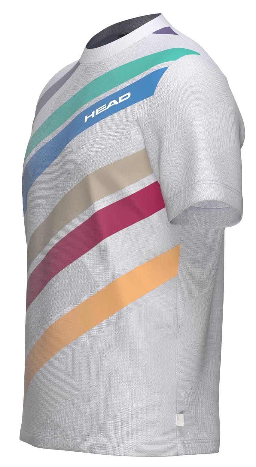 The HEAD Pro Men’s Tennis T-Shirt - WHXP by HEAD is a white, short-sleeve shirt with diagonal teal, blue, beige, red, and orange stripes plus a white "HEAD" logo—ideal for tennis performance.