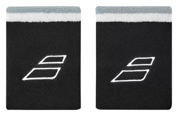 The Babolat Terry Jumbo Wristband in black and white showcases a white logo with diagonal shapes on two terrycloth wristbands. These absorbent accessories are enhanced with a light gray and white stripe at the top edge for added style.