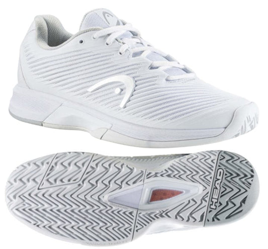 HEAD Revolt Pro 4.0 Women's Tennis Shoes in white and grey feature a textured sole with abrasion resistance and a sleek, striped upper design. Displayed from both side and sole perspectives, these shoes prominently exhibit the HEAD branding and performance technologies along with a subtle logo on the side.
