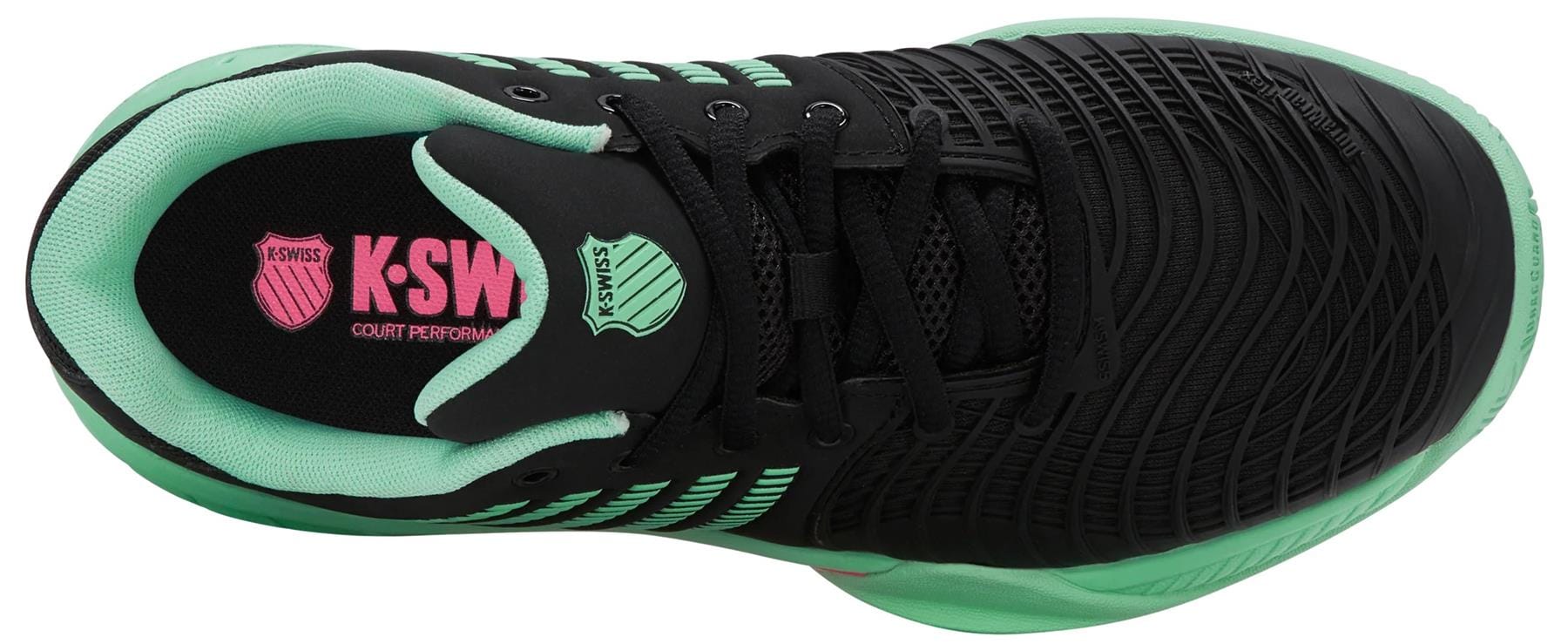 Top view of K-Swiss Express Light 3 Women's Tennis Shoes in Black/Neon Mint/Pastel Pink—lightweight, court-ready shoes with neon mint lining and accents plus a pastel pink K-Swiss logo.