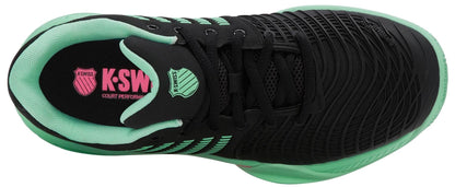 Top view of K-Swiss Express Light 3 Women's Tennis Shoes in Black/Neon Mint/Pastel Pink—lightweight, court-ready shoes with neon mint lining and accents plus a pastel pink K-Swiss logo.