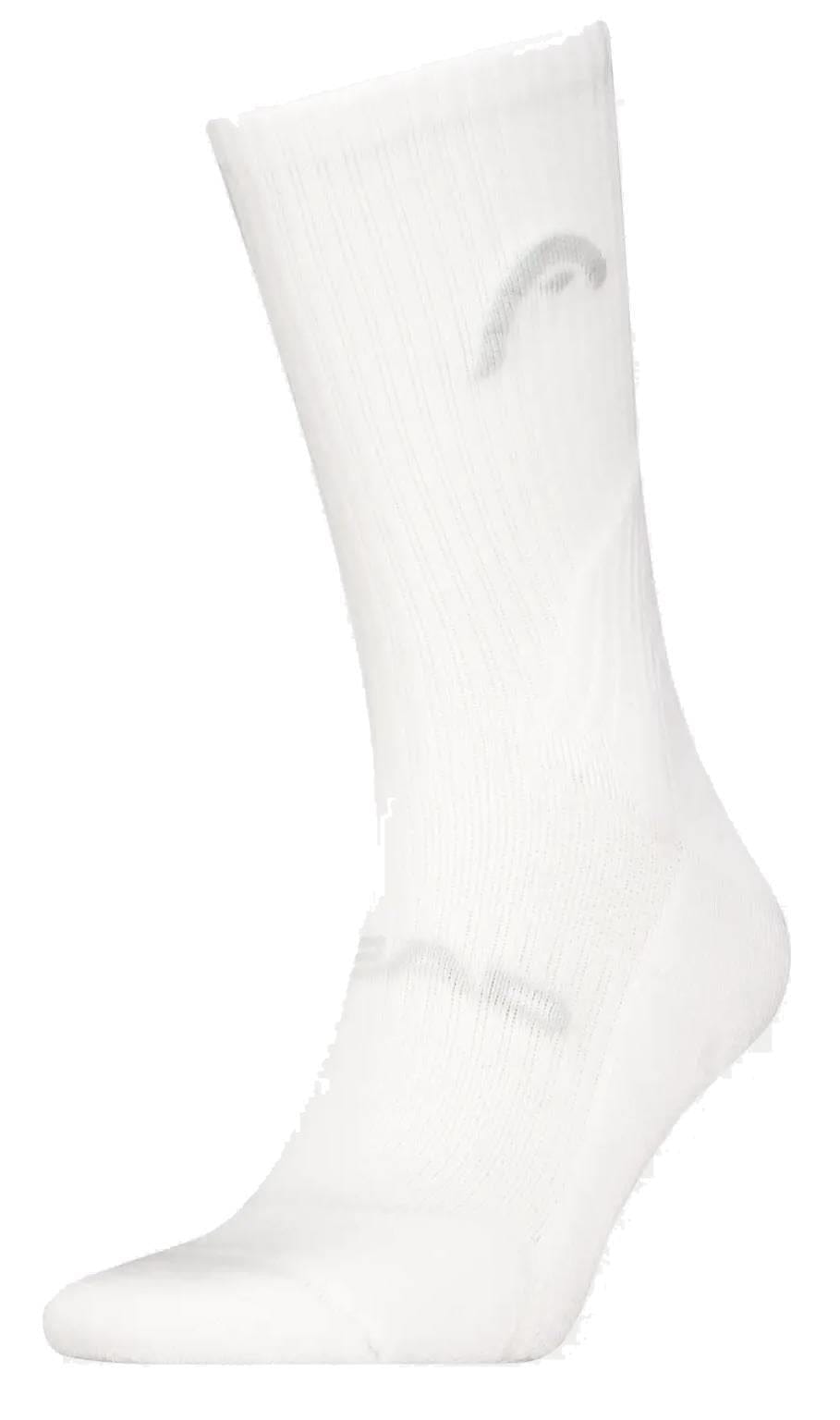 The HEAD Crew Tennis Sock is a white, ribbed athletic sock featuring a subtle gray curved logo near the top. Cushioned for comfort with moisture wicking, it’s shown upright on a plain white background.
