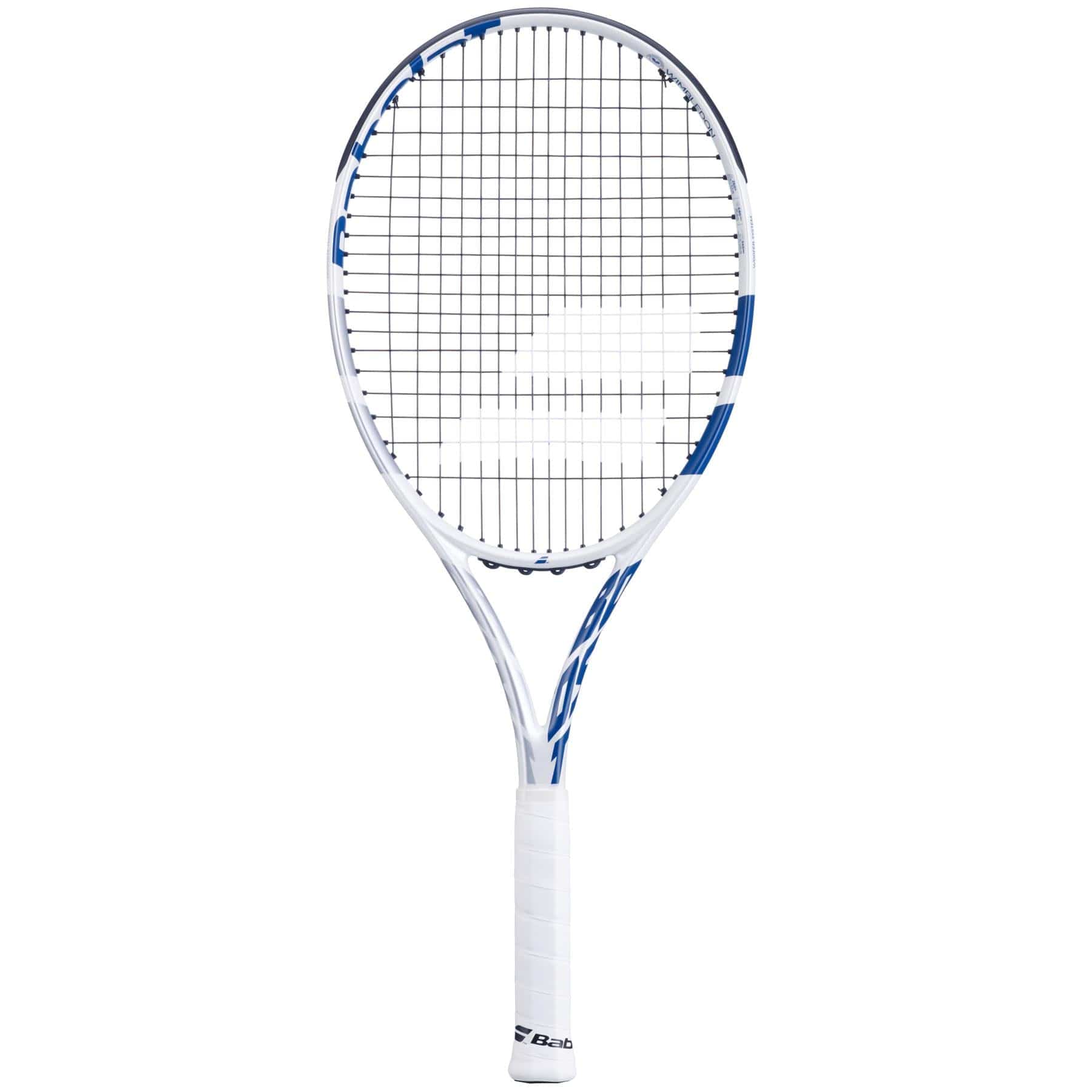 The Babolat Boost Wimbledon Tennis Racket is an ideal choice for beginners with its lightweight design. Featuring a pristine white frame with blue accents, its tightly strung strings and comfortable white grip enhance gameplay. The Babolat brand logo elegantly adorns the frame, set against a simple white backdrop.