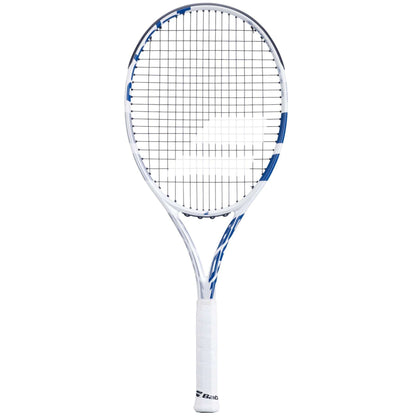 The Babolat Boost Wimbledon Tennis Racket is an ideal choice for beginners with its lightweight design. Featuring a pristine white frame with blue accents, its tightly strung strings and comfortable white grip enhance gameplay. The Babolat brand logo elegantly adorns the frame, set against a simple white backdrop.