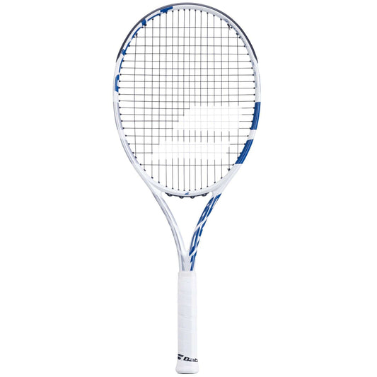 The Babolat Boost Wimbledon Tennis Racket is an ideal choice for beginners with its lightweight design. Featuring a pristine white frame with blue accents, its tightly strung strings and comfortable white grip enhance gameplay. The Babolat brand logo elegantly adorns the frame, set against a simple white backdrop.