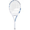 The Babolat Boost Wimbledon Tennis Racket is an ideal choice for beginners with its lightweight design. Featuring a pristine white frame with blue accents, its tightly strung strings and comfortable white grip enhance gameplay. The Babolat brand logo elegantly adorns the frame, set against a simple white backdrop.