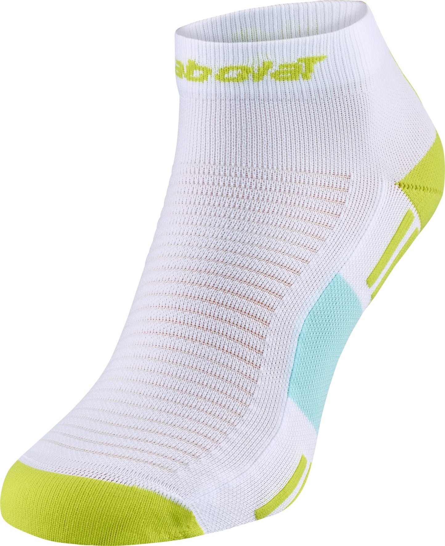 The Babolat Quarter Tennis Socks in White/Sulphur Spring feature light green and blue accents, breathable mesh for comfort, blister protection, and the Babolat logo on the cuff.