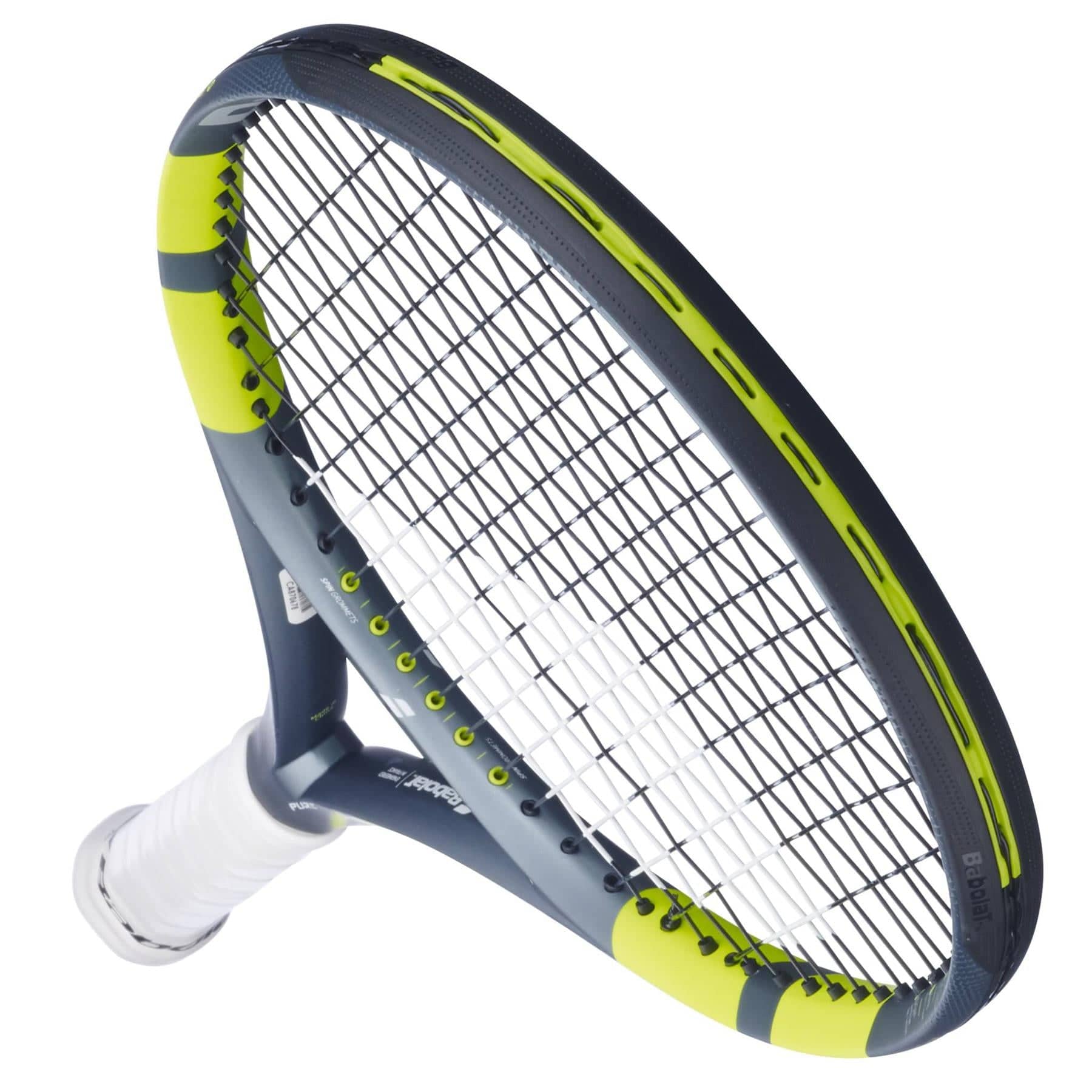 A close-up of the Babolat Pure Aero Team 2026 Tennis Racket by Babolat shows its spin-friendly, aerodynamic design with a black frame, yellow accents, white grip, visible strings, and handle detail against a white background.