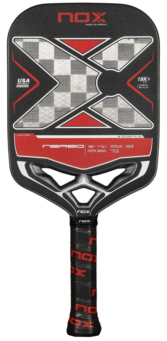 The NOX Luxury Nerbo Pickleball Paddle - Black / Red features a bold "X" design, detailed info near the grip, and is made from aluminised carbon fibre for superior durability.